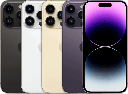 All color options of Apple iPhone 14 Pro Max shown side by side — Space Black, Deep Purple, Gold, and Silver — available in 128GB, 256GB, 512GB, and 1TB storage variants, factory unlocked for GSM and CDMA networks, ideal for retail and wholesale buyers.