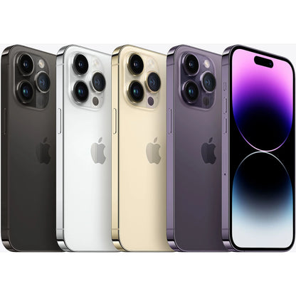 All color options of Apple iPhone 14 Pro Max shown side by side — Space Black, Deep Purple, Gold, and Silver — available in 128GB, 256GB, 512GB, and 1TB storage variants, factory unlocked for all networks worldwide, ideal for retail and wholesale buyers.