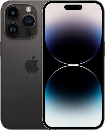 Apple iPhone 14 Pro Max in Space Black — shown in excellent/good condition — available in 128GB, 256GB, 512GB, and 1TB storage options. Factory unlocked, supports all carriers including AT&T, T-Mobile, Verizon, and more.