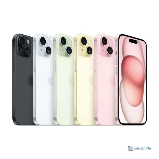All five iPhone 15 color options — Black, Blue, Yellow, Pink, and Green — shown side by side, each available in 128GB, 256GB, and 512GB. Fully unlocked and ready for al networks. Ideal for retail and wholesale buyers.