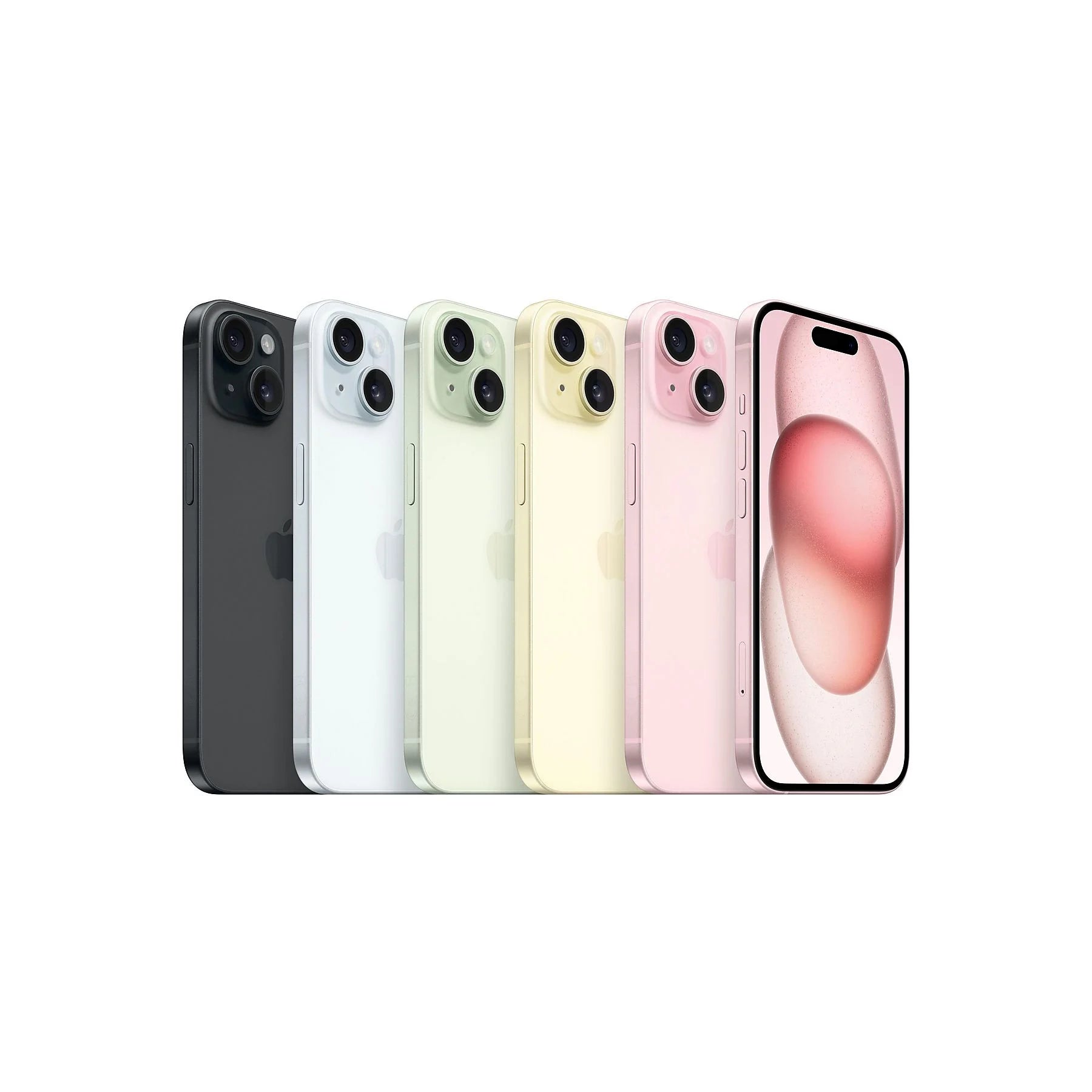 All five iPhone 15 color options — Black, Blue, Yellow, Pink, and Green — shown side by side, each available in 128GB, 256GB, and 512GB. Fully unlocked and ready for al networks. Ideal for retail and wholesale buyers.