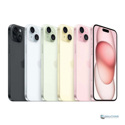 All five color options for iPhone 15 Plus — Black, Blue, Yellow, Pink, and Green — displayed together. Available in 128GB, 256GB, and 512GB. Factory unlocked and compatible with all networks worldwide, including AT&T, T-Mobile, Verizon, and international carriers.