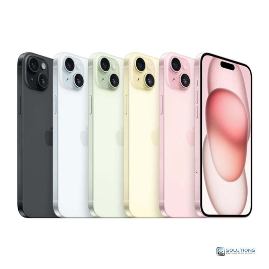 All five color options for iPhone 15 Plus — Black, Blue, Yellow, Pink, and Green — displayed together. Available in 128GB, 256GB, and 512GB. Factory unlocked and compatible with all networks worldwide, including AT&T, T-Mobile, Verizon, and international carriers.