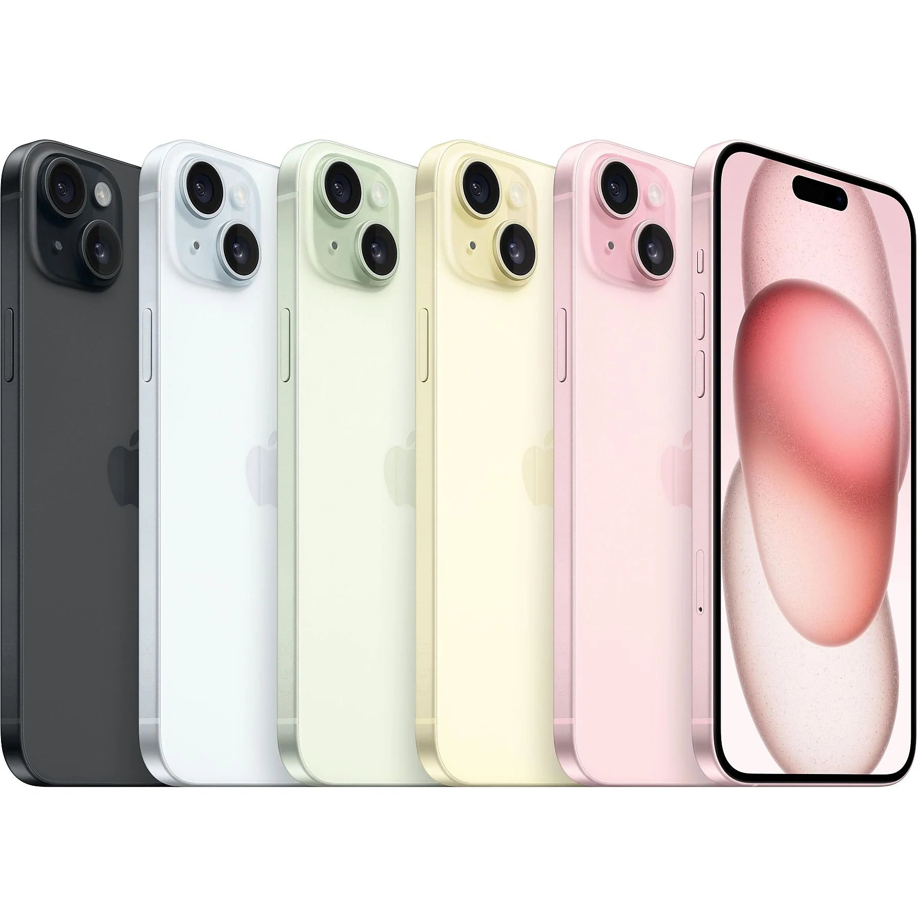All five color options for iPhone 15 Plus — Black, Blue, Yellow, Pink, and Green — displayed together. Available in 128GB, 256GB, and 512GB. Factory unlocked and compatible with all networks worldwide, including AT&T, T-Mobile, Verizon, and international carriers.