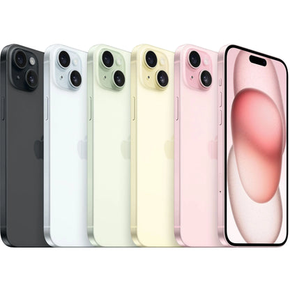 All five color options for iPhone 15 Plus — Black, Blue, Yellow, Pink, and Green — displayed together. Available in 128GB, 256GB, and 512GB. Factory unlocked and compatible with all networks worldwide, including AT&T, T-Mobile, Verizon, and international carriers.