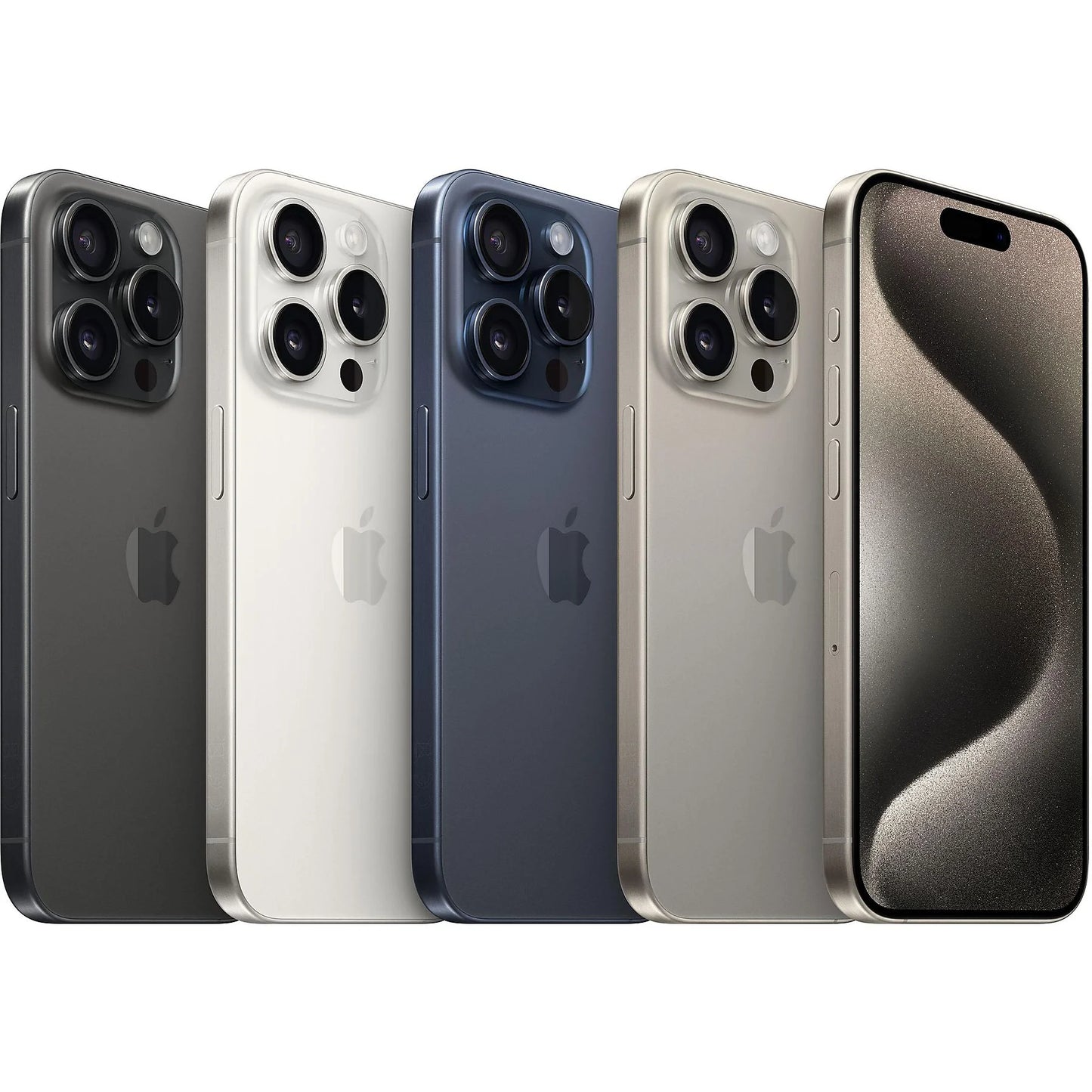 All four iPhone 15 Pro color variants — Natural Titanium, Blue Titanium, White Titanium, and Black Titanium — shown side by side. Available in 128GB, 256GB, 512GB, and 1TB. Fully unlocked and compatible with AT&T, T-Mobile, Verizon, and all global networks.