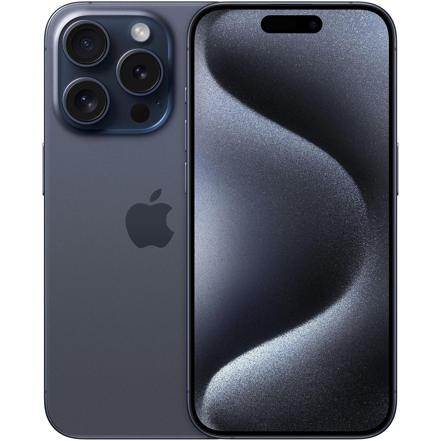 Apple iPhone 15 Pro Max in Blue Titanium, shown with edge-to-edge display. Available in all high-capacity storage options. Works with all major carriers, including AT&T, T-Mobile, and Verizon.