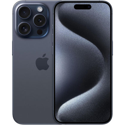 Apple iPhone 15 Pro Max in Blue Titanium, shown with edge-to-edge display. Available in all high-capacity storage options. Works with all major carriers, including AT&T, T-Mobile, and Verizon.