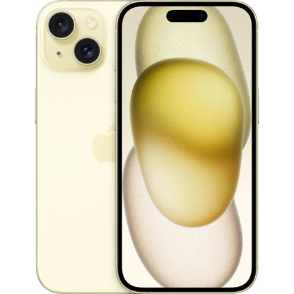 Bright and bold Yellow iPhone 15, shown in all available storage variants — 128GB, 256GB, 512GB. Unlocked for full carrier flexibility including U.S. and global networks.