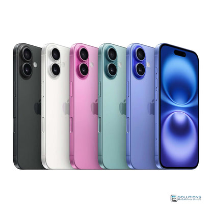 All color options of iPhone 16 Plus — Black, White, Pink, Teal, and Ultramarine — displayed side by side. Available in 128GB, 256GB, and 512GB. Factory unlocked and compatible with major carriers. Great for both retail buyers and bulk wholesale orders.