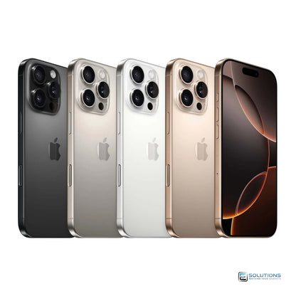 All color variants of iPhone 16 Pro — Natural Titanium, Black Titanium, White Titanium, and Desert Titanium — displayed side by side. Available unlocked in 128GB, 256GB, 512GB, and 1TB. Perfect for both retail buyers and wholesale bulk orders.