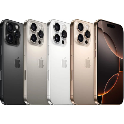 All color variants of iPhone 16 Pro — Natural Titanium, Black Titanium, White Titanium, and Desert Titanium — displayed side by side. Available unlocked in 128GB, 256GB, 512GB, and 1TB. Perfect for both retail buyers and wholesale bulk orders.