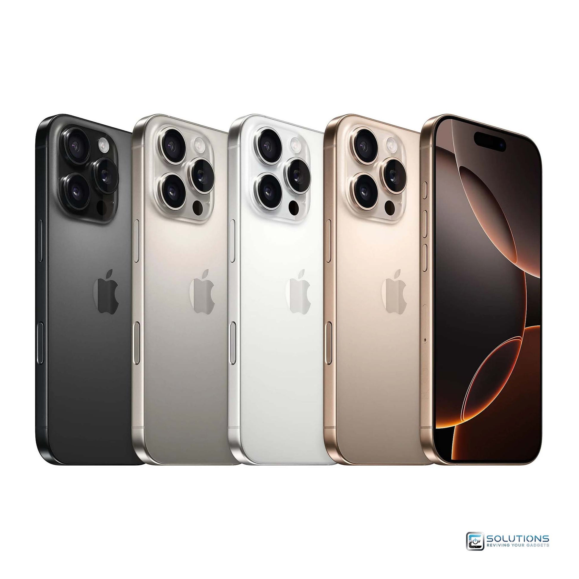 iPhone 16 Pro Max lineup in all official Apple titanium finishes — Natural, Black, White, and Desert. Shown with storage options 256GB, 512GB, and 1TB. Unlocked and compatible with all major carriers. Ideal for retail buyers and wholesale resellers.
