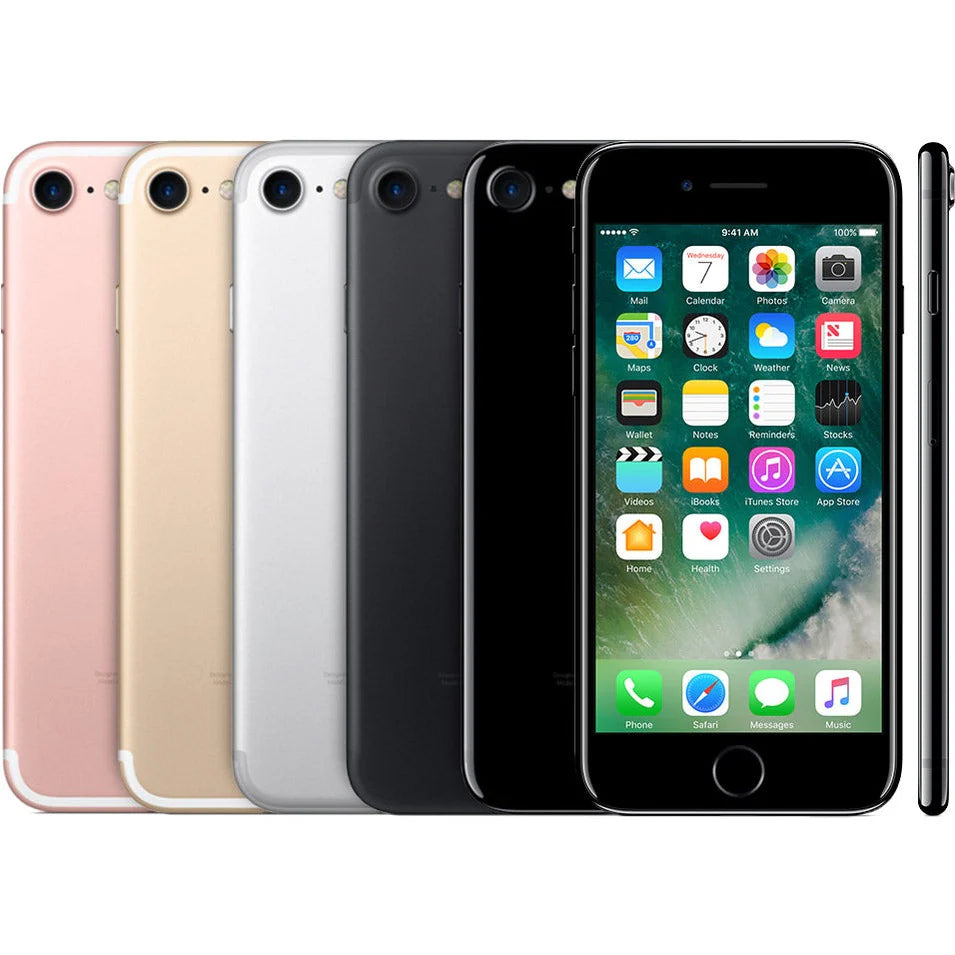 Apple iPhone 7 lineup in all colors — Jet Black, Black, Silver, Gold, Rose Gold, and Red — fully unlocked and compatible with GSM, CDMA, HSPA, EVDO, and LTE networks, available at E Solutions.