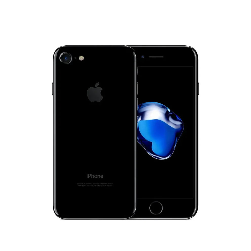 Sleek Jet Black Apple iPhone 7 in 32GB, 128GB, and 256GB options — gently used, fully unlocked, and compatible with major GSM and CDMA carriers.
