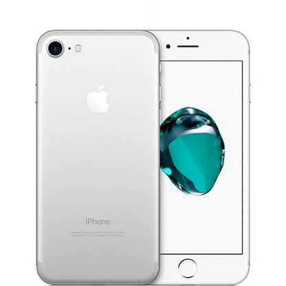 Apple iPhone 7 in Silver — available in 32GB, 128GB, and 256GB storage options, used but in good condition, fully unlocked, compatible with GSM and CDMA networks.