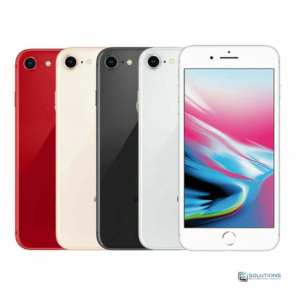 Apple iPhone 8 lineup in all colors — Space Gray, Silver, Gold, and Red — displayed side by side in 64GB, 128GB, and 256GB options. Factory unlocked, used in good condition, compatible with GSM and CDMA networks.