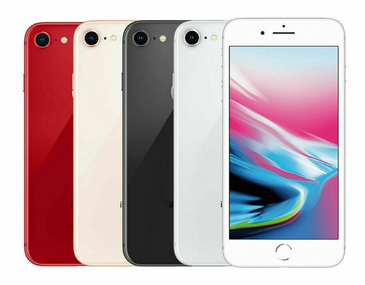 Apple iPhone 8 lineup in all colors — Space Gray, Silver, Gold, and Red — displayed side by side in 64GB, 128GB, and 256GB options. Factory unlocked, used in good condition, compatible with GSM and CDMA networks.