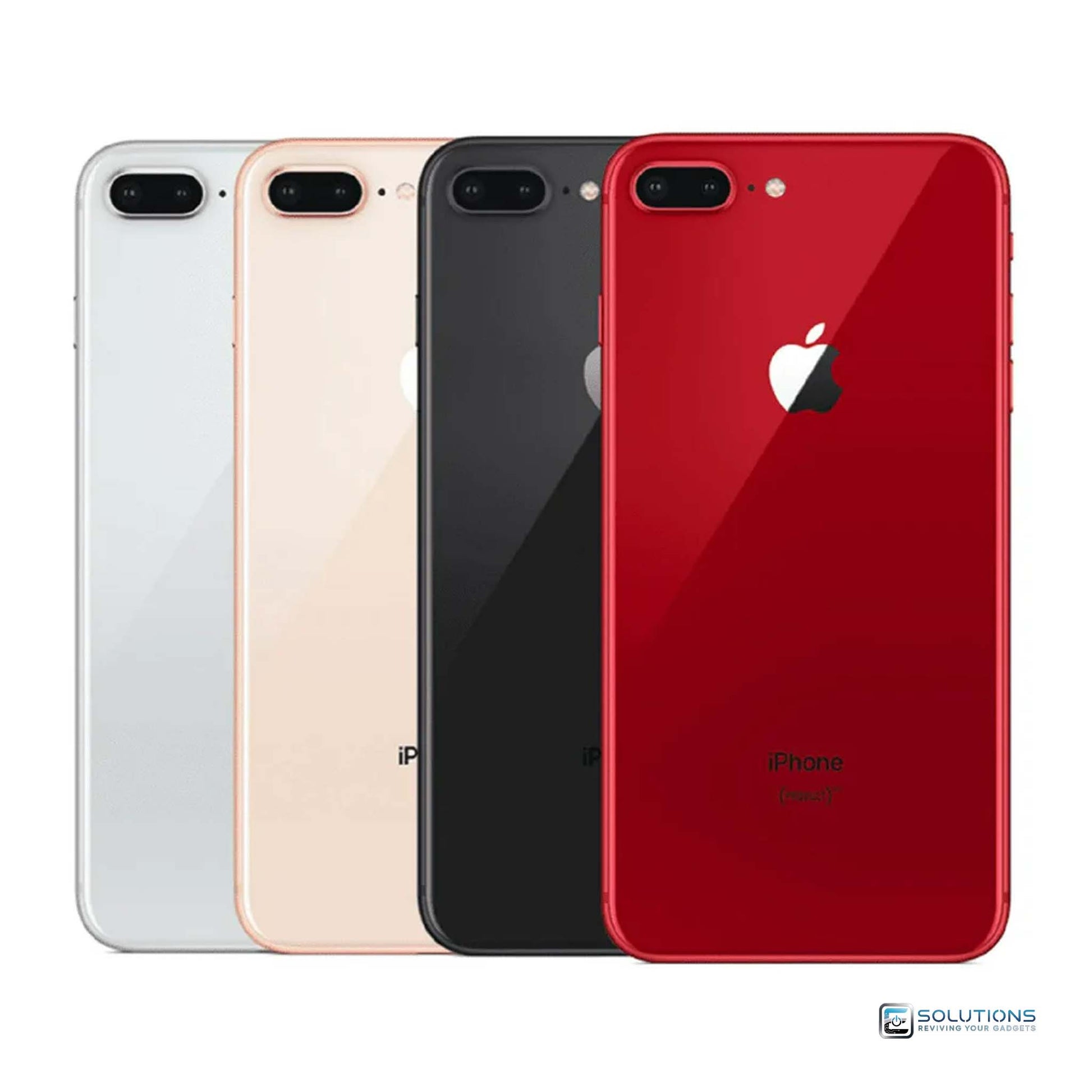 Apple iPhone 8 Plus in all available colors — Space Gray, Silver, Gold, and Red — displayed side by side with 64GB, 128GB, and 256GB storage options. Used in good condition, fully unlocked, GSM and CDMA compatible, available for retail and wholesale.