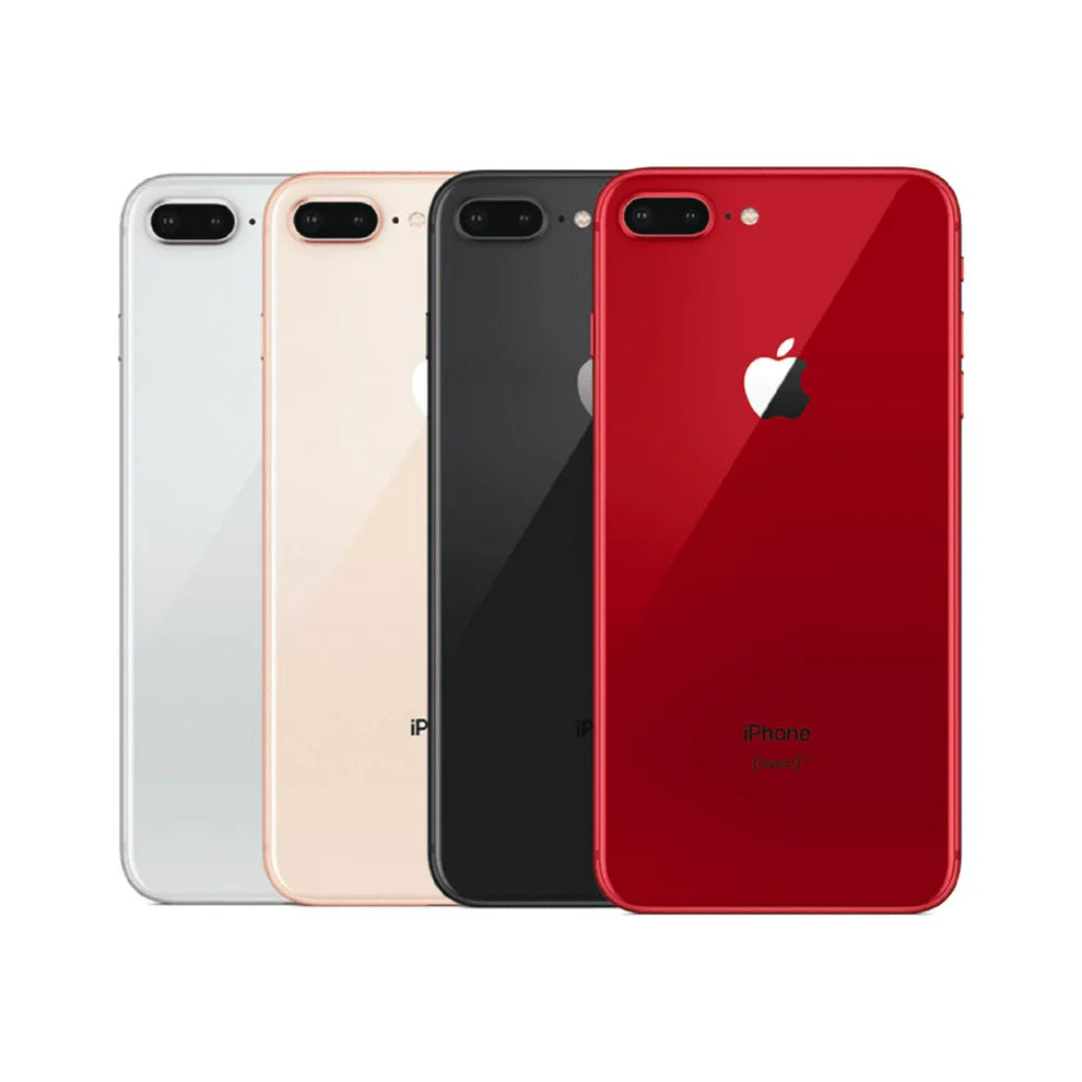 Apple iPhone 8 Plus in all available colors — Space Gray, Silver, Gold, and Red — displayed side by side with 64GB, 128GB, and 256GB storage options. Used in good condition, fully unlocked, GSM and CDMA compatible, available for retail and wholesale.