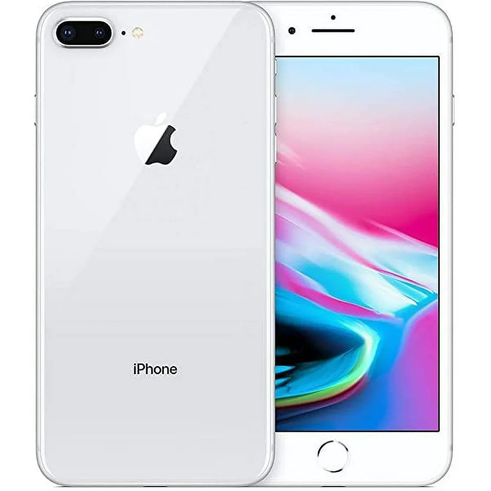 Apple iPhone 8 Plus in Silver — fully unlocked, available in 64GB, 128GB, and 256GB, good used condition, compatible with GSM and CDMA networks.