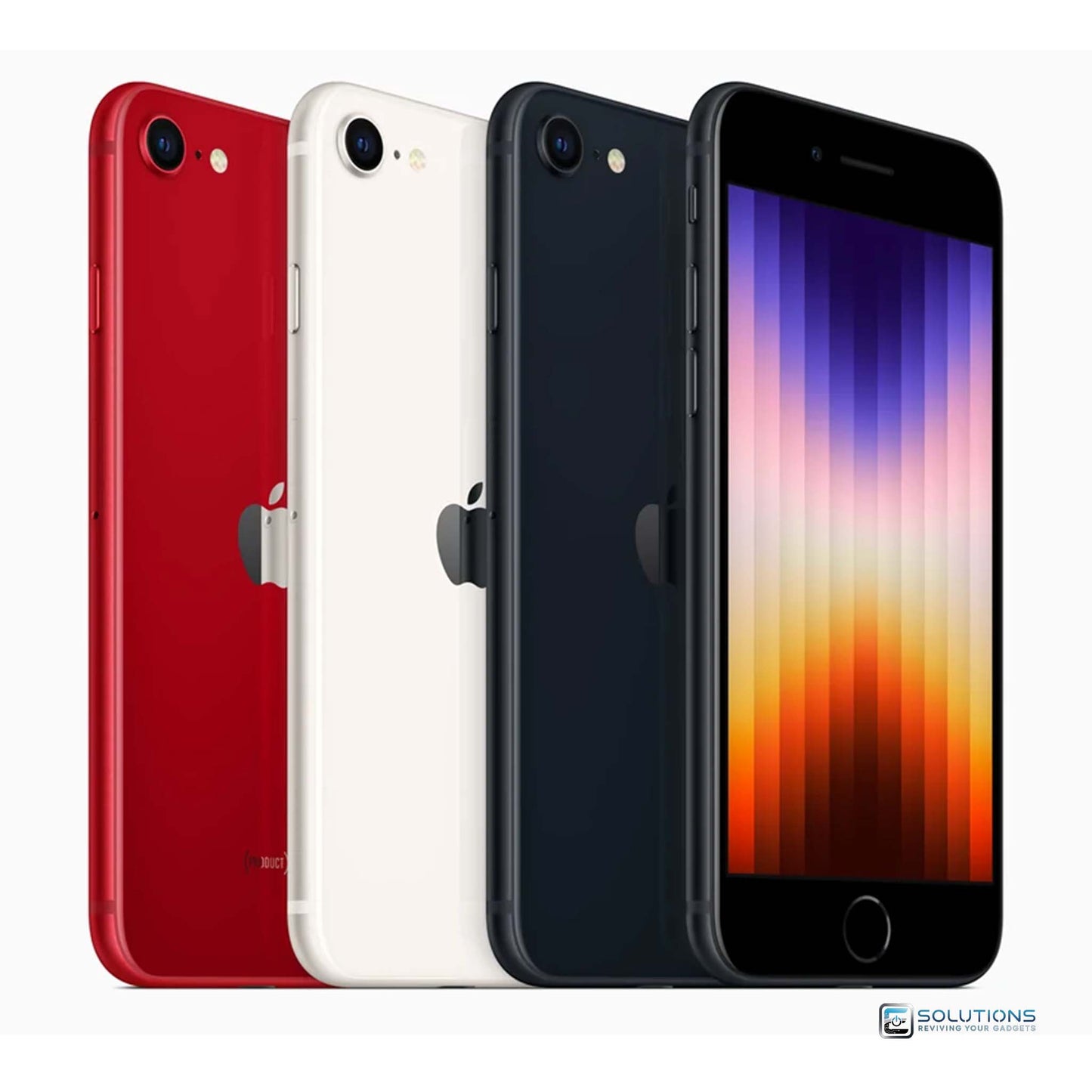 All three Apple iPhone SE 3rd Gen (2022) models — Starlight, Midnight, and PRODUCT(RED) — shown side by side, featuring compact 4.7-inch displays, Touch ID, and glass backs. Available in 64GB, 128GB, and 256GB storage options. Fully unlocked, GSM & CDMA compatible