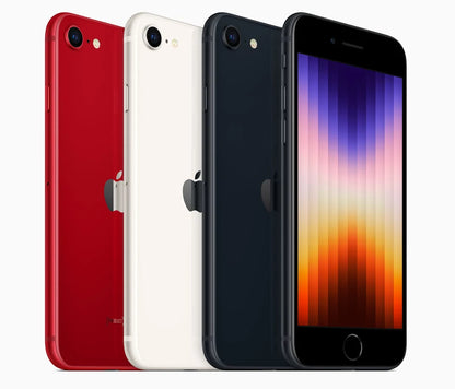 All three Apple iPhone SE 3rd Gen (2022) models — Starlight, Midnight, and PRODUCT(RED) — shown side by side, featuring compact 4.7-inch displays, Touch ID, and glass backs. Available in 64GB, 128GB, and 256GB storage options. Fully unlocked, GSM & CDMA compatible