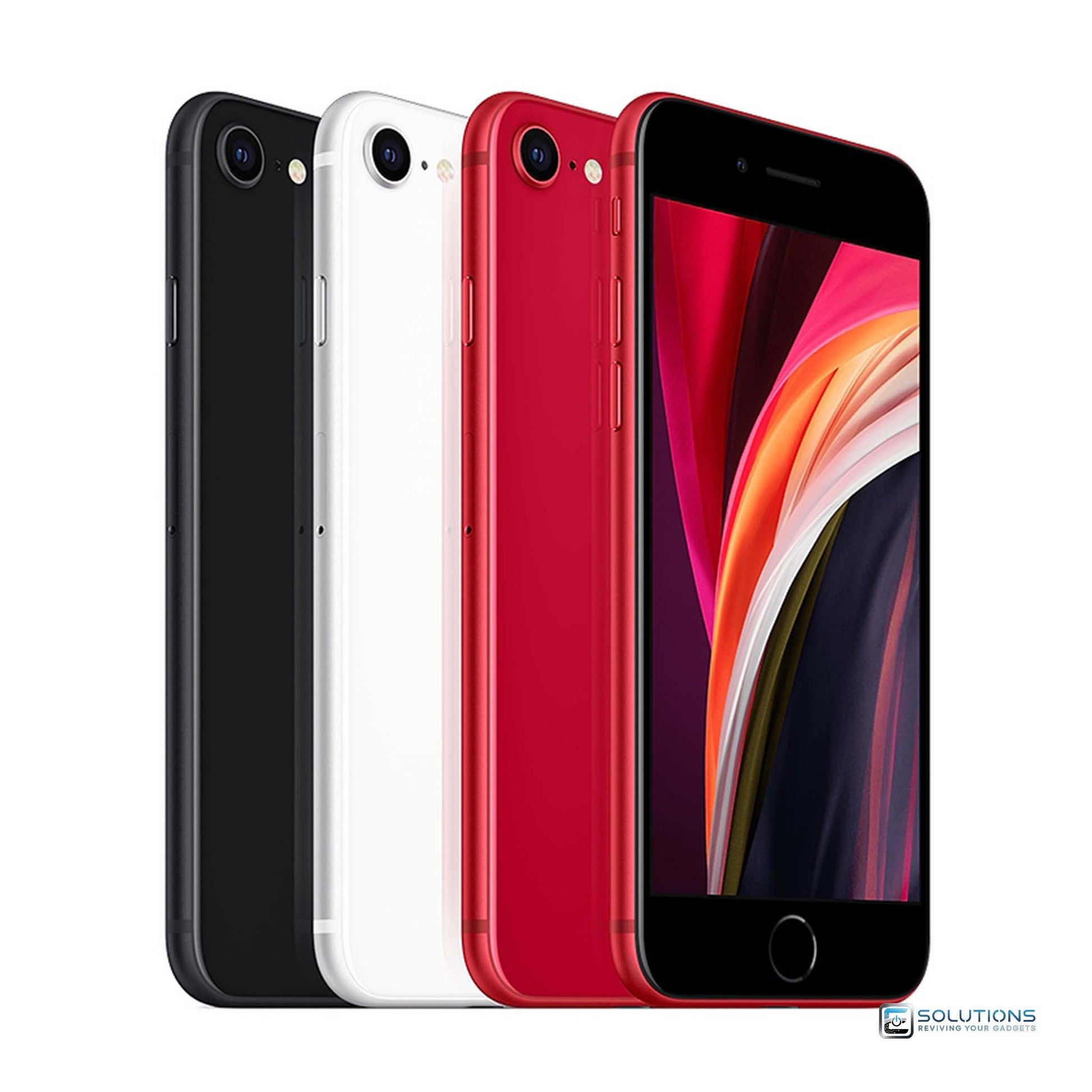 Apple iPhone SE 2nd Generation (2020) lineup shown in Black, White, and (PRODUCT)RED — compact 4.7-inch Retina display model designed for performance, value, and universal carrier compatibility.