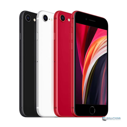 Apple iPhone SE 2nd Generation (2020) lineup shown in Black, White, and (PRODUCT)RED — compact 4.7-inch Retina display model designed for performance, value, and universal carrier compatibility.