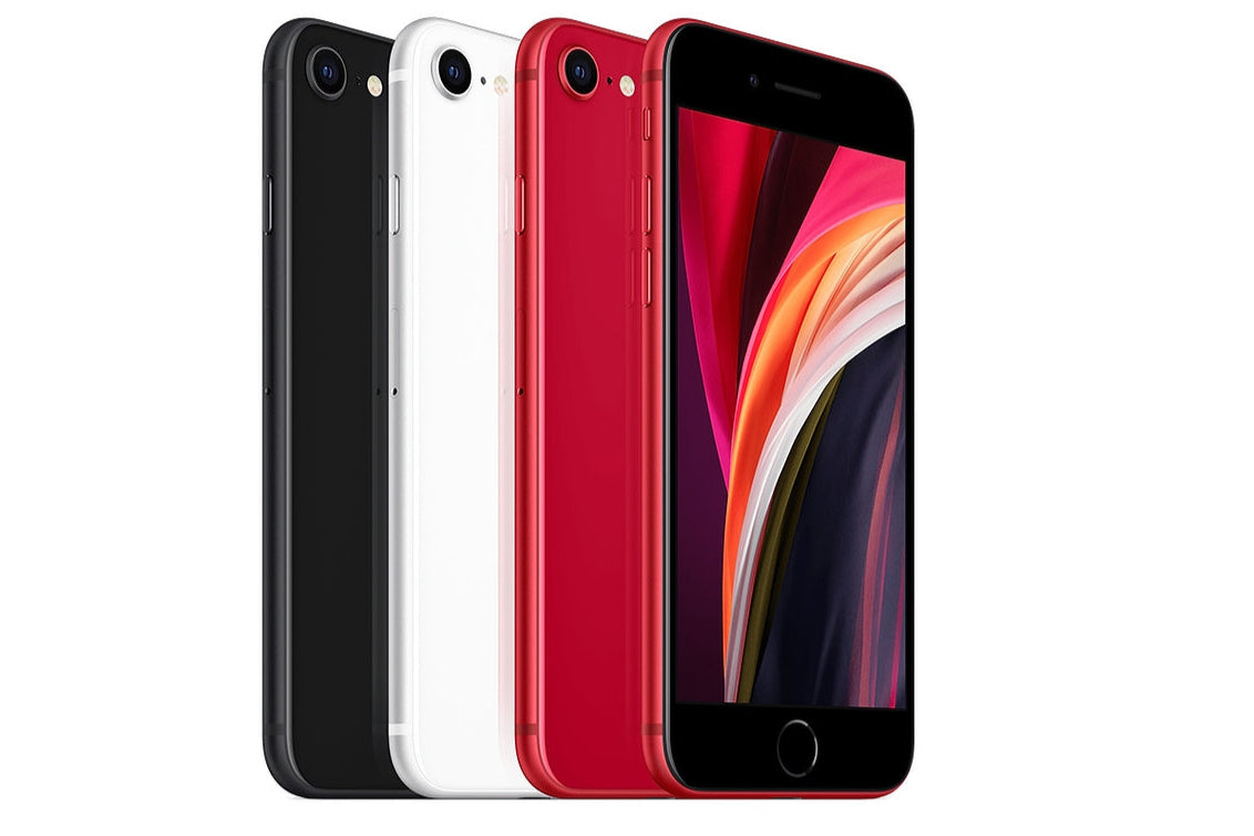 Apple iPhone SE 2nd Generation (2020) lineup shown in Black, White, and (PRODUCT)RED — compact 4.7-inch Retina display model designed for performance, value, and universal carrier compatibility.