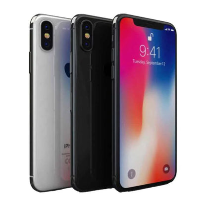 Apple iPhone X in all available colors — Silver and Space Gray — displayed with 64GB and 256GB storage options, factory unlocked, used in good condition, compatible with GSM and CDMA networks.