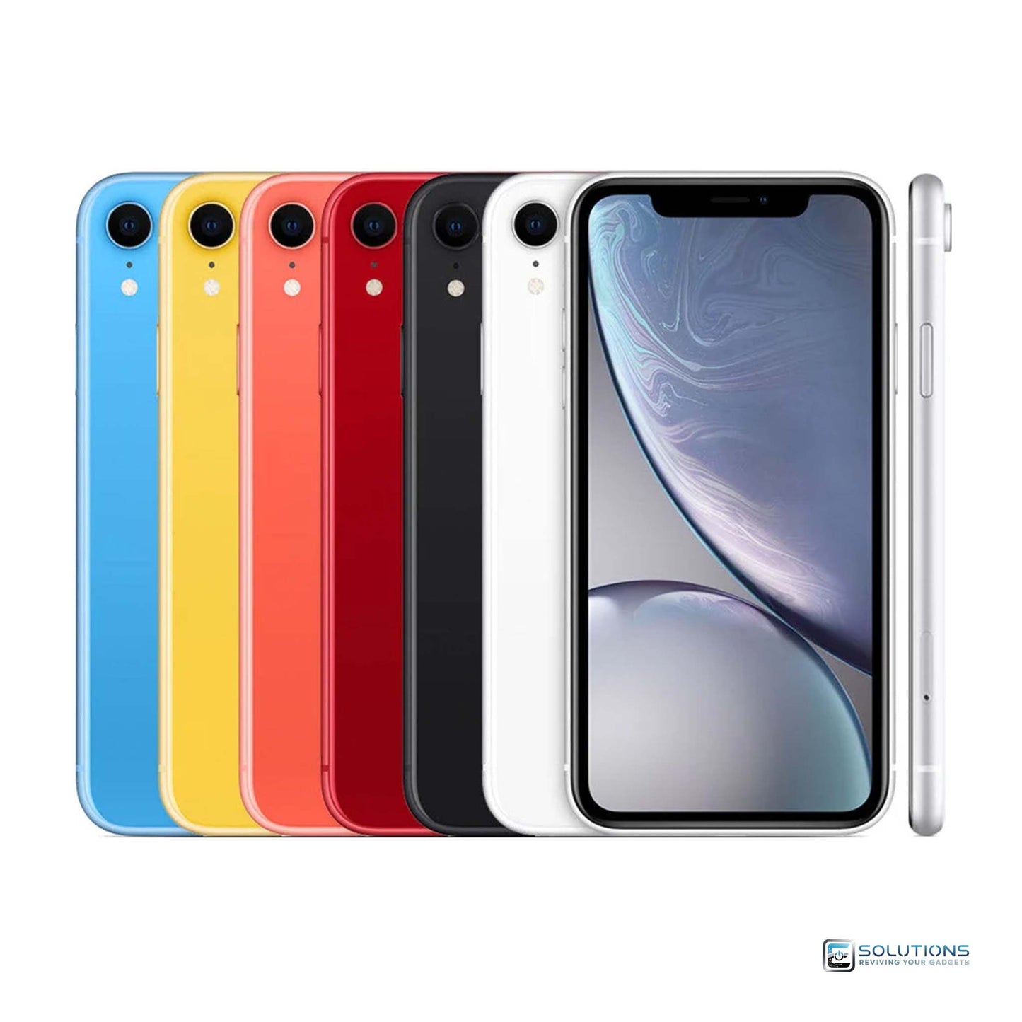 Full Apple iPhone XR lineup in vibrant colors — Black, White, Blue, Coral, Yellow, and (PRODUCT)RED — available unlocked in 64GB, 128GB, and 256GB. Ideal for retail customers and bulk tech buyers.