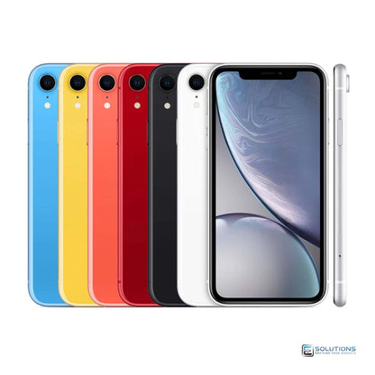 Full Apple iPhone XR lineup in vibrant colors — Black, White, Blue, Coral, Yellow, and (PRODUCT)RED — available unlocked in 64GB, 128GB, and 256GB. Ideal for retail customers and bulk tech buyers.
