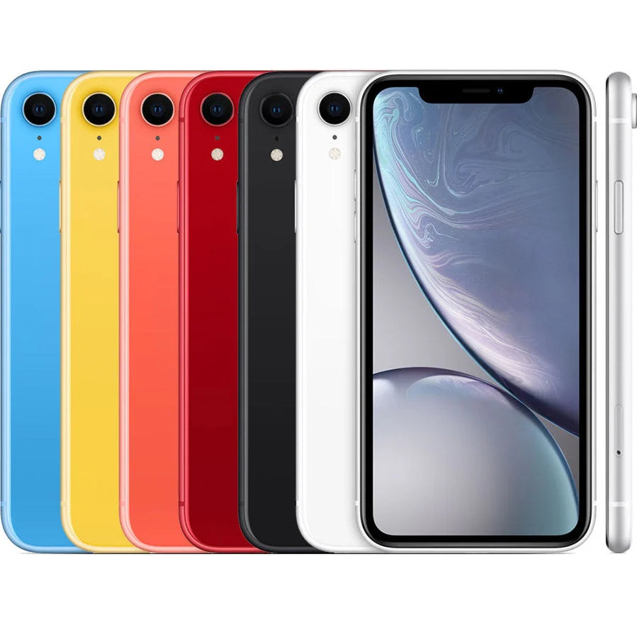 Full Apple iPhone XR lineup in vibrant colors — Black, White, Blue, Coral, Yellow, and (PRODUCT)RED — available unlocked in 64GB, 128GB, and 256GB. Ideal for retail customers and bulk tech buyers.