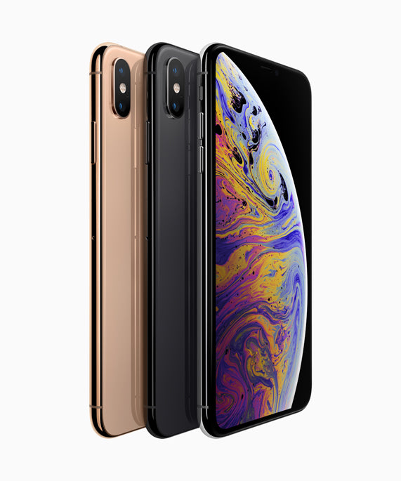 Apple iPhone XS in all colors — Gold, Silver, and Space Gray — displayed side by side with storage options of 64GB, 256GB, and 512GB. Factory unlocked, used in good condition, compatible with GSM and CDMA networks.