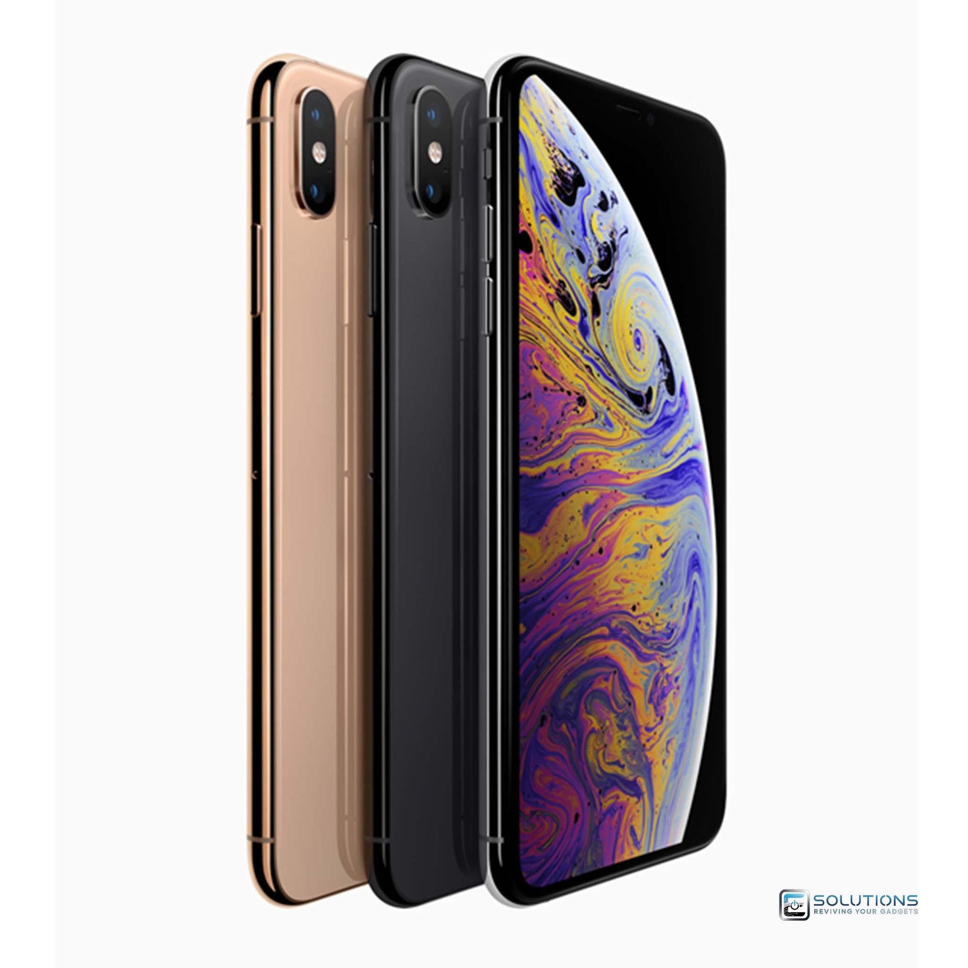Apple iPhone XS Max lineup showcasing all colors — Gold, Silver, and Space Gray — with 64GB, 256GB, and 512GB storage options. Factory unlocked, in good used condition, compatible with GSM and CDMA networks, available for retail and wholesale.