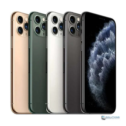 All four iPhone 11 Pro colors — Space Gray, Silver, Gold, and Midnight Green — displayed side by side, showcasing Apple’s premium flagship design with triple cameras and stainless steel finish, available in 64GB, 256GB, and 512GB storage options at E Solutions.