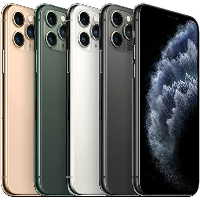 All four iPhone 11 Pro colors — Space Gray, Silver, Gold, and Midnight Green — displayed side by side, showcasing Apple’s premium flagship design with triple cameras and stainless steel finish, available in 64GB, 256GB, and 512GB storage options at E Solutions.