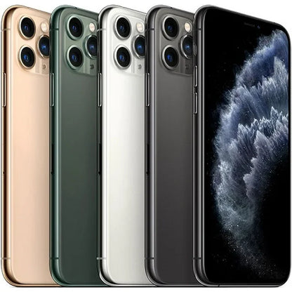 All four iPhone 11 Pro colors — Space Gray, Silver, Gold, and Midnight Green — displayed side by side, showcasing Apple’s premium flagship design with triple cameras and stainless steel finish, available in 64GB, 256GB, and 512GB storage options at E Solutions.