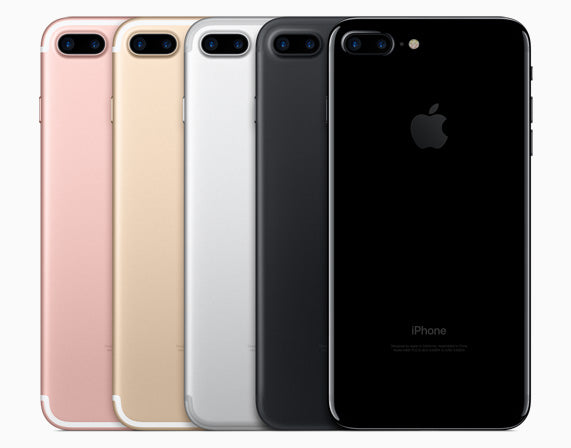 iPhone 7 Plus in all available colors — Jet Black, Black, Silver, Gold, Rose Gold, and Red — displayed side by side with 32GB, 128GB, and 256GB options, fully unlocked and in good condition, available at E Solutions for wholesale and individual buyers.