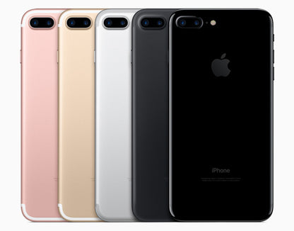 iPhone 7 Plus in all available colors — Jet Black, Black, Silver, Gold, Rose Gold, and Red — displayed side by side with 32GB, 128GB, and 256GB options, fully unlocked and in good condition, available at E Solutions for wholesale and individual buyers.