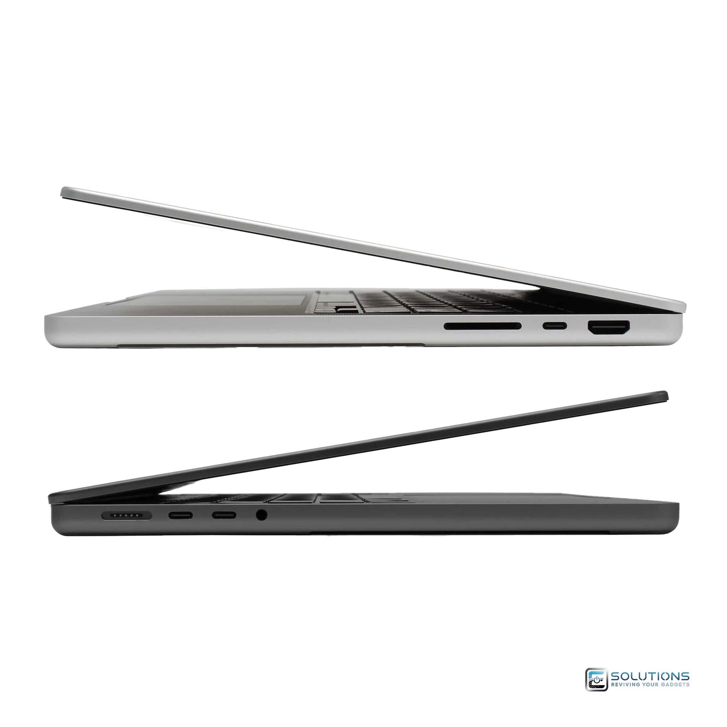 Apple MacBook Pro 14-inch 2021 M1 Pro with 16GB RAM and 512GB SSD — lineup showing Space Gray and Silver models, powerful professional laptop - Side view