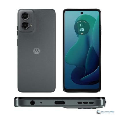 Motorola Moto G 5G (2024) Sage Green 128GB — front, back, and bottom view highlighting ports and design, unlocked phone for wholesale and retail