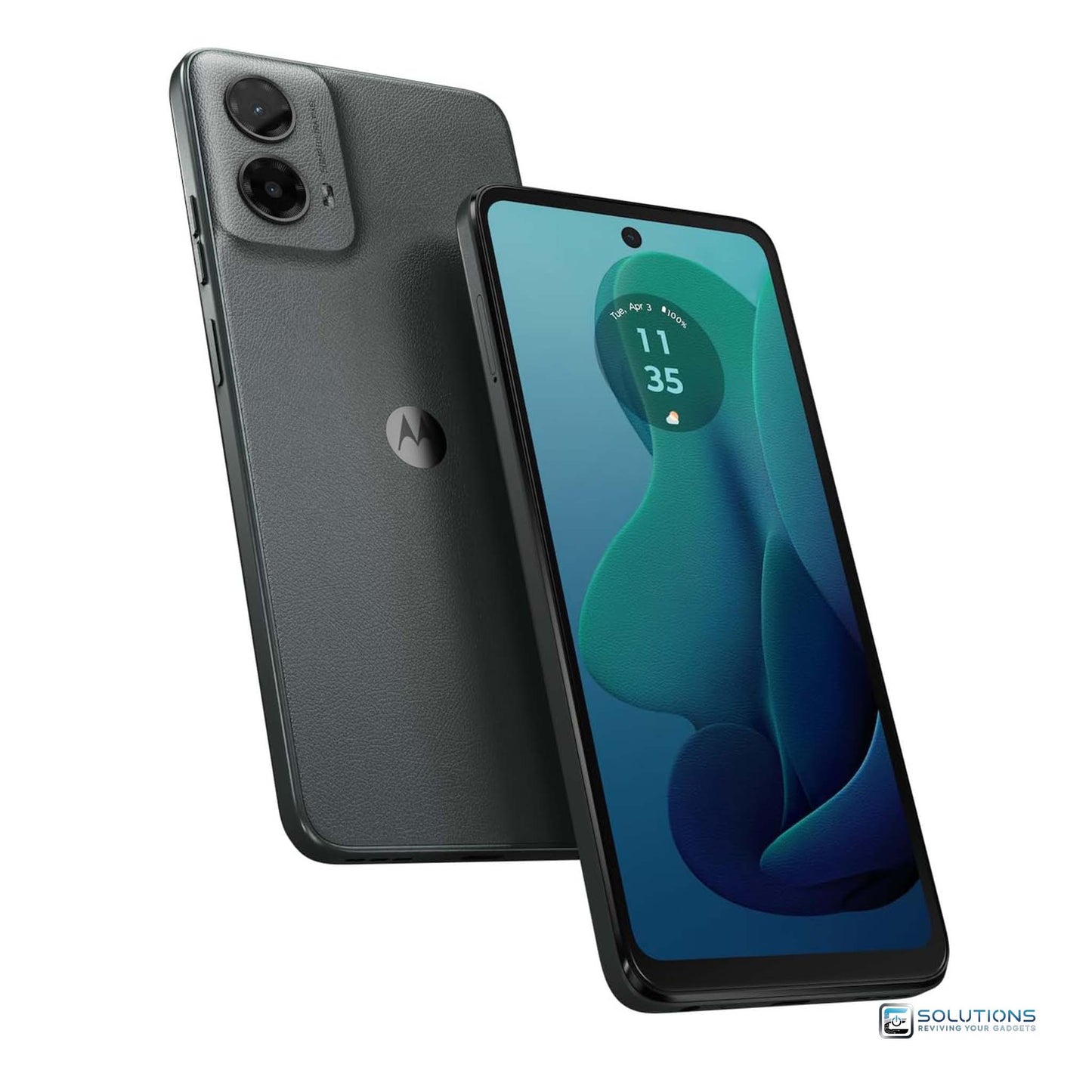 Motorola Moto G 5G (2024) Sage Green 128GB — tilted perspective showing front and back of the unlocked device, available for retail and wholesale
