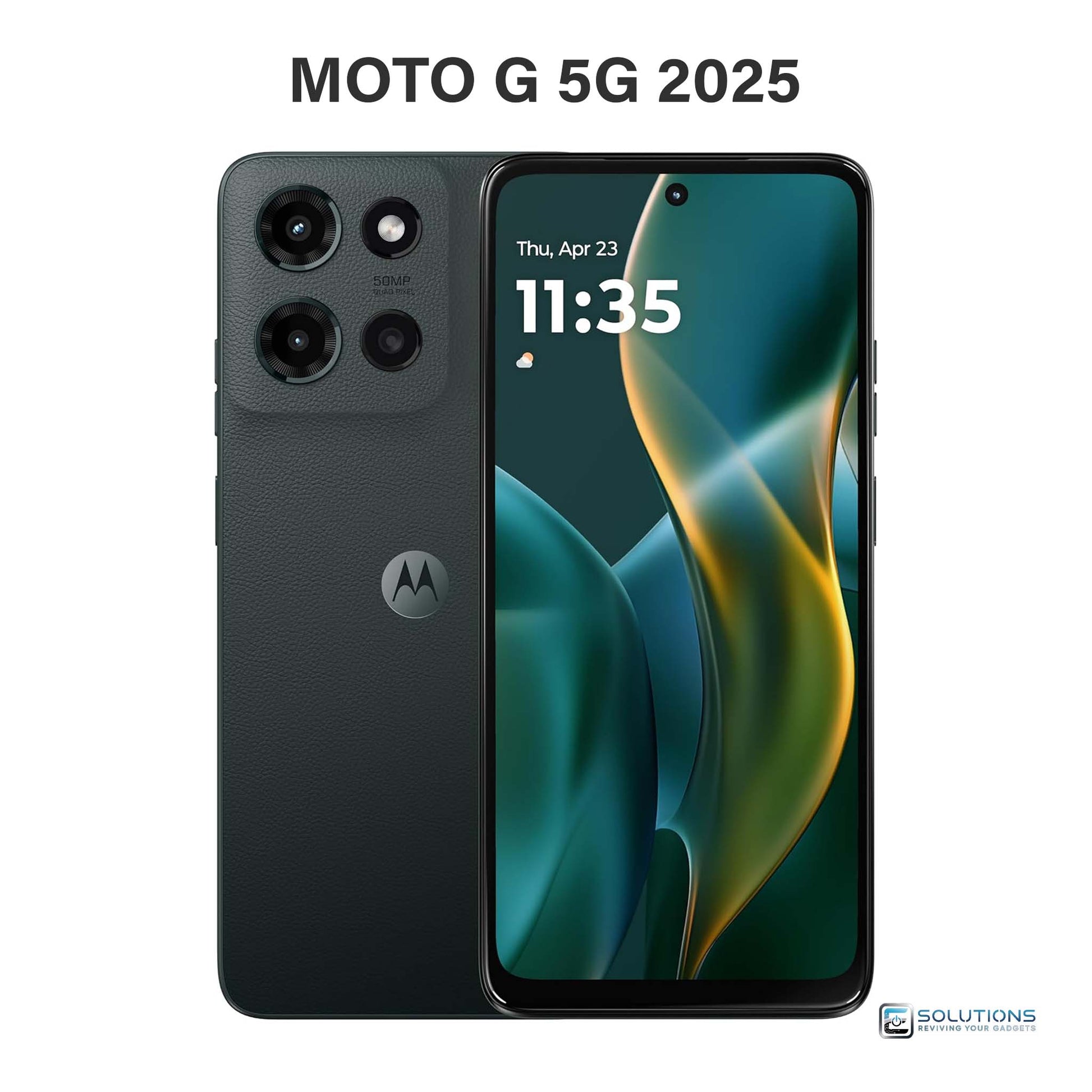 Motorola Moto G 5G (2025) Forest Gray 128GB — front and back view of the unlocked smartphone, available for wholesale and retail customers