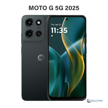 Motorola Moto G 5G (2025) Forest Gray 128GB — front and back view of the unlocked smartphone, available for wholesale and retail customers
