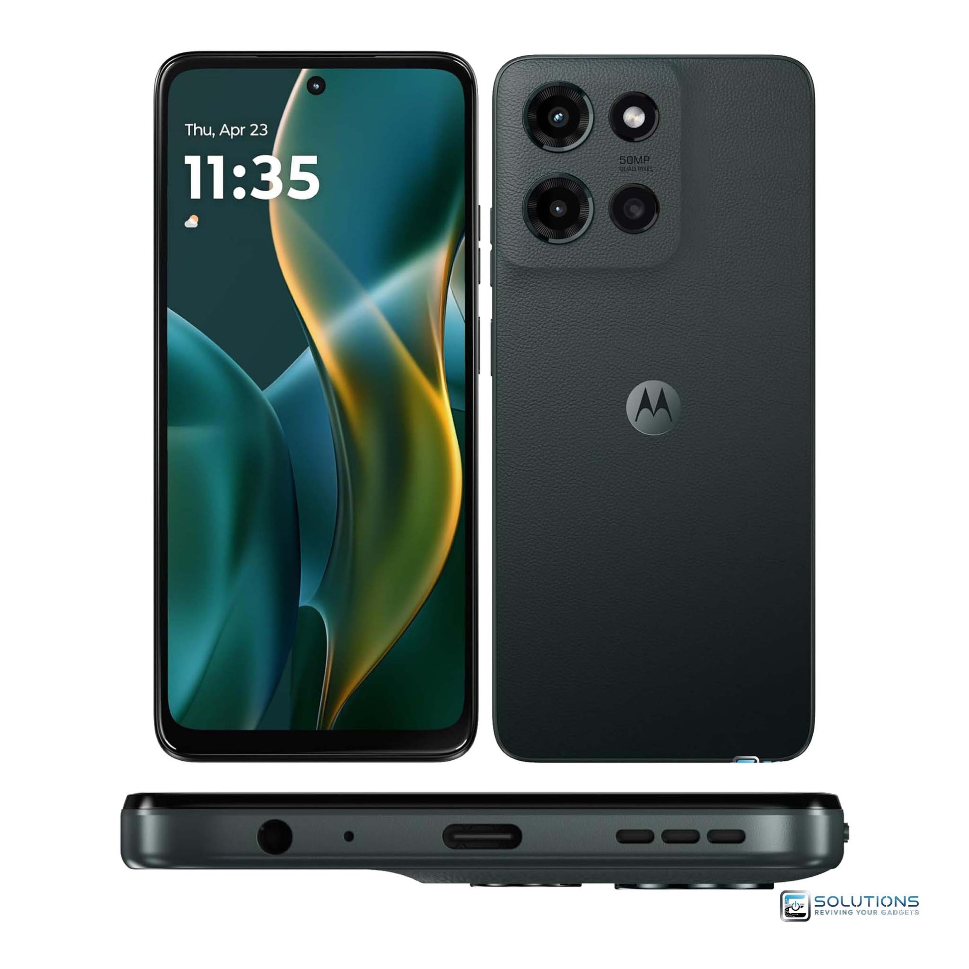 Motorola Moto G 5G (2025) Forest Gray 128GB — multi-angle photo showing front, back, and bottom design, unlocked smartphone available for retail and wholesale