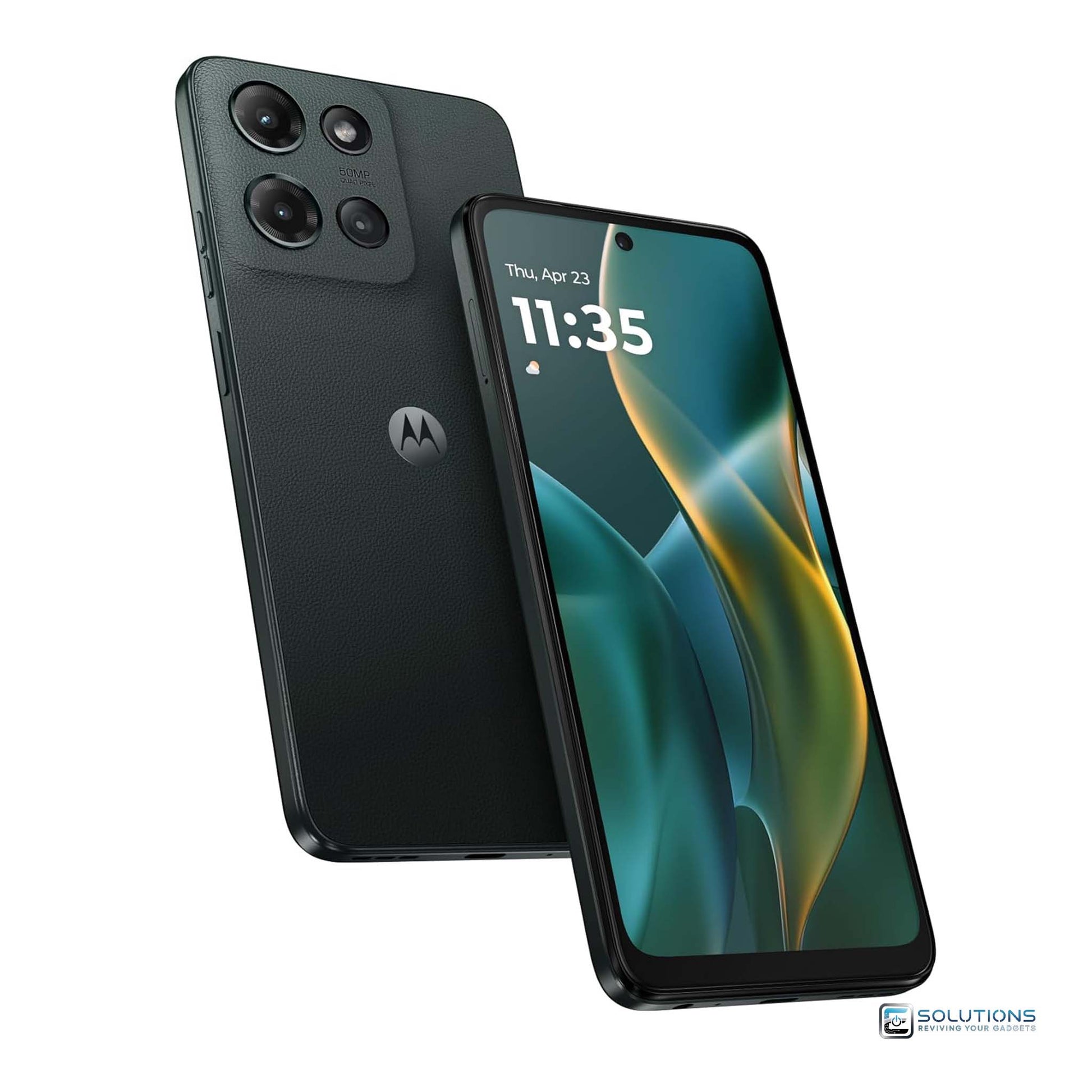 Motorola Moto G 5G (2025) Forest Gray 128GB — tilted perspective displaying both front and back, unlocked phone for wholesale and retail buyers
