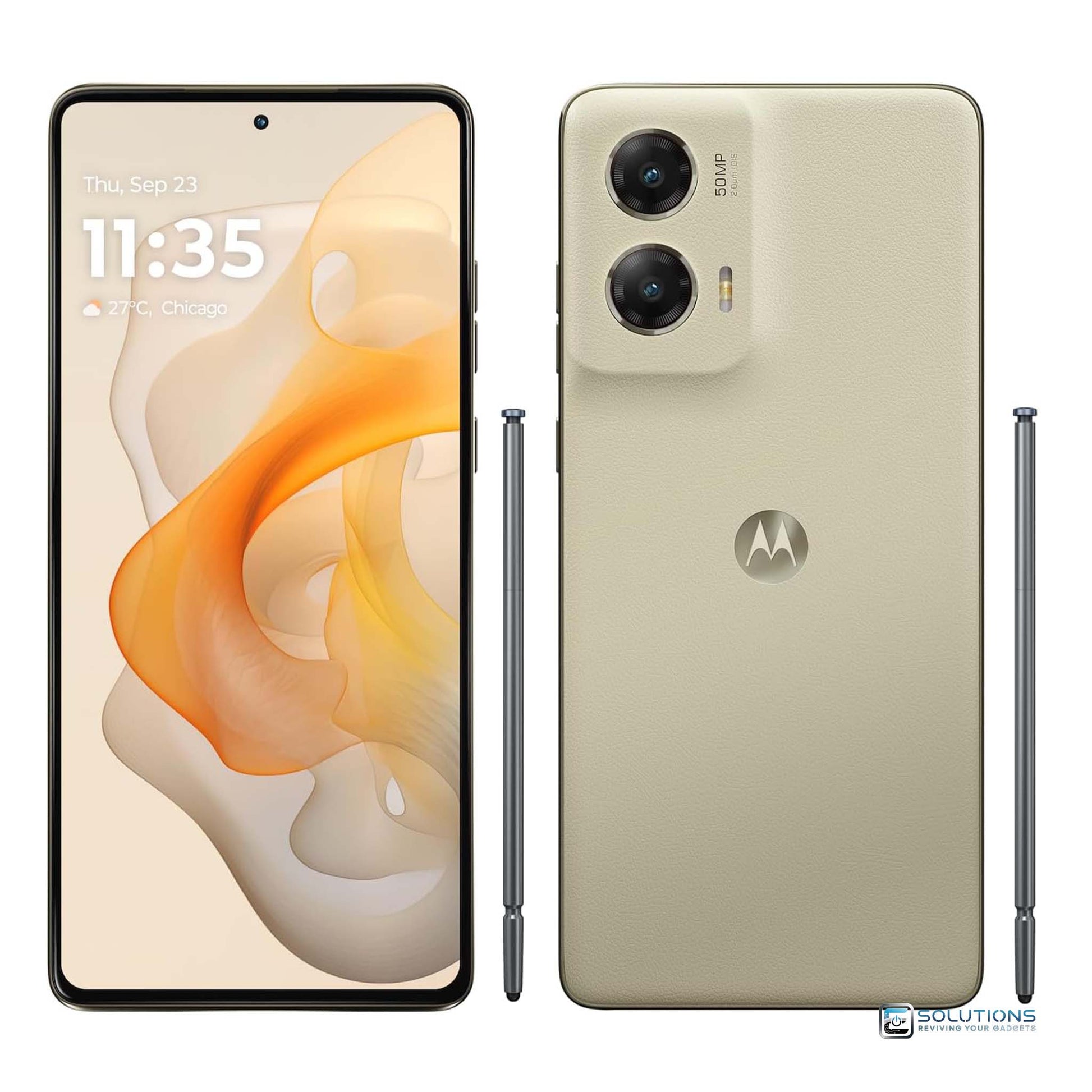 Motorola Moto G Stylus 2024 Caramel Latte — front and back view of unlocked phone with stylus, available in 128GB and 256GB
