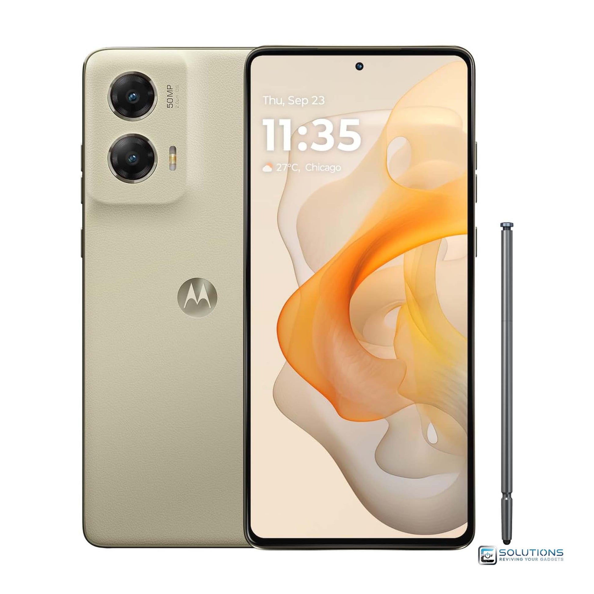 Motorola Moto G Stylus 2024 Caramel Latte — alternate angle showing front and back design of unlocked smartphone, 128GB / 256GB